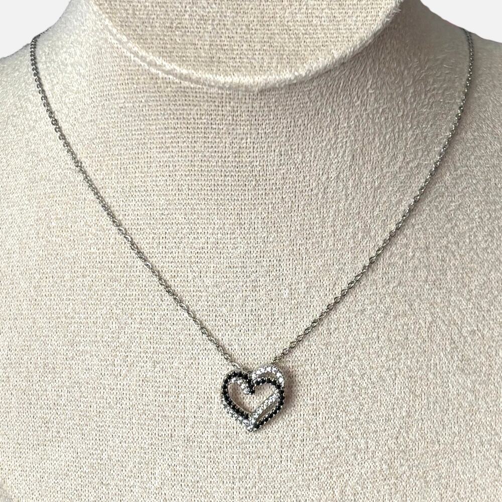 925 Sterling Silver Black & White Zircon Heart Necklace